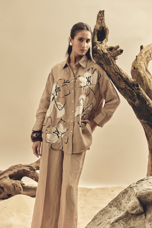 Khaki Linen Floral Print Longline Button-Down Shirt — Linen Bloom