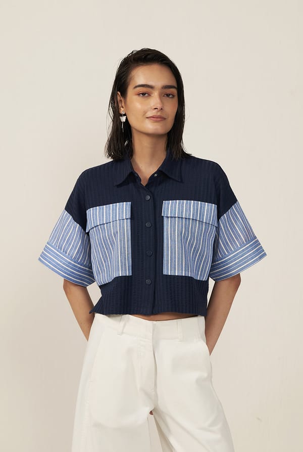 Blue Colorblock Striped Cropped Shirt with Patch Pockets — Muvazo