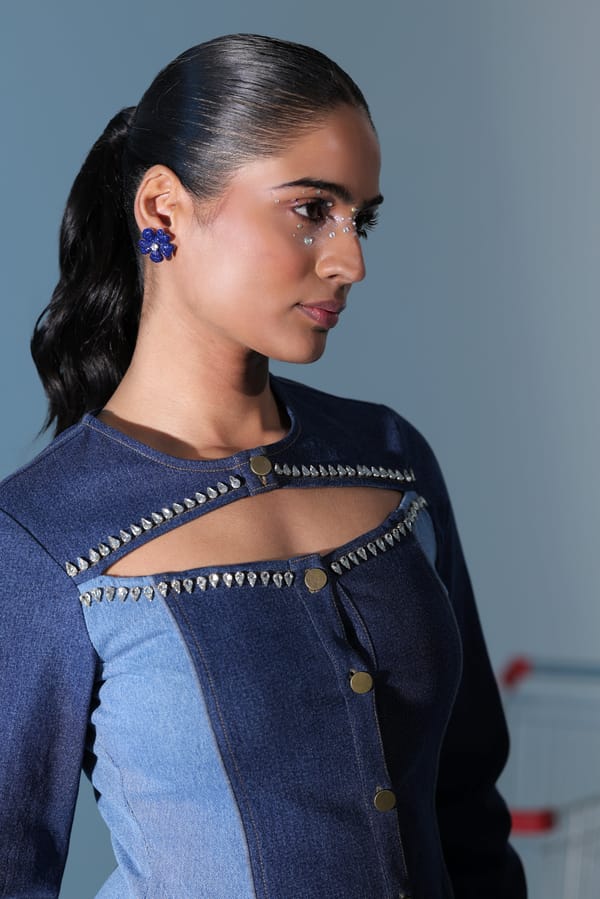 Blue Two-Tone Denim Cut-Out Studded Jacket — MANVI DAGA STUDIO
