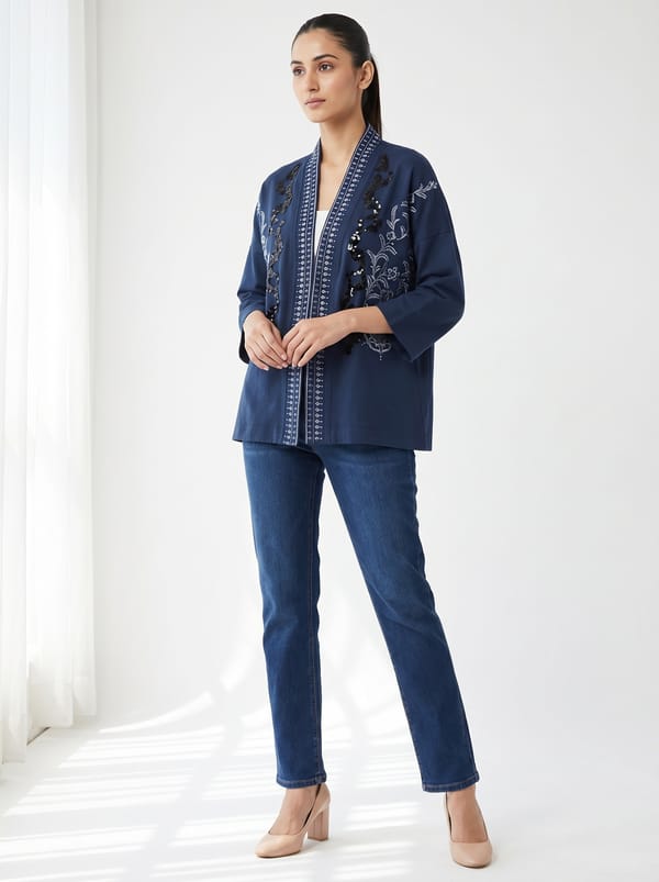 Navy Denim Open-Front Embroidered Shrug — THE LUXURY DRESSING