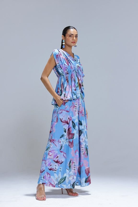 Powder Blue Draped Blouse and Floral Pants Co-ord Set — STUDIO SURBHI