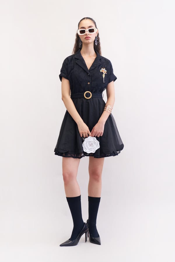 Black Lace Fit and Flare Skater Dress with Belt — Our Love