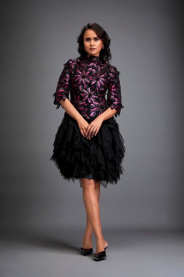 Floral Patterned Dress With Layered Ruffled Sheer Bottom — Deepika Arora