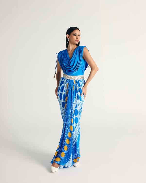 Blue Cowl-Drape Top and Maxi Skirt Co-ord Set — Kamaali Pret
