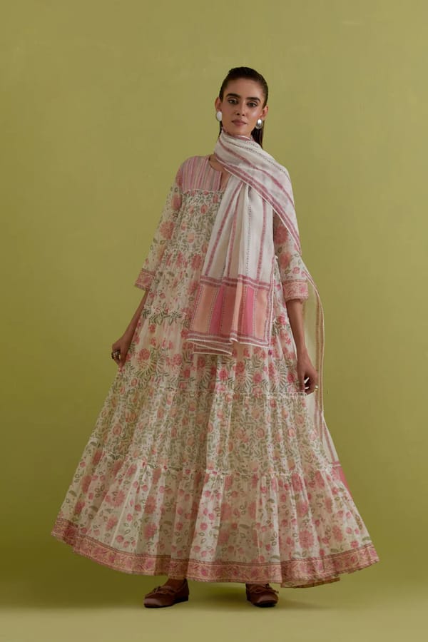 Off White Hand Printed Multi Tiered Kurta — Upavita