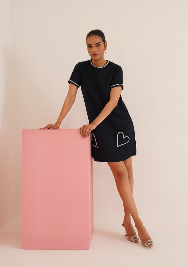 Black Mini Shift Dress with Silver Heart Pocket Detail — AMOSHI