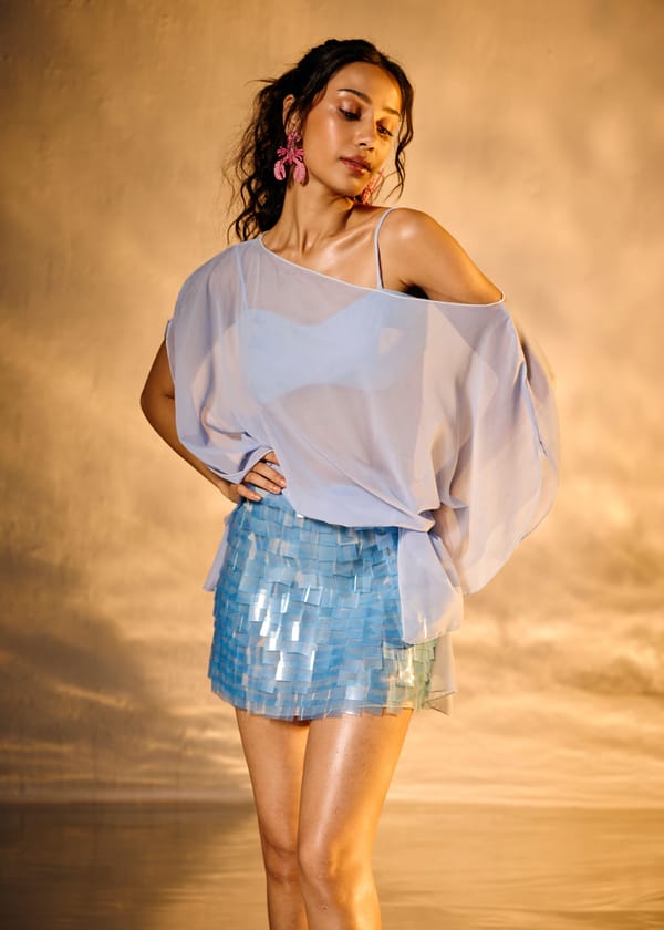 Blue Sheer Chiffon One-Shoulder Cape Top and Bralette Set — Lea Clothing