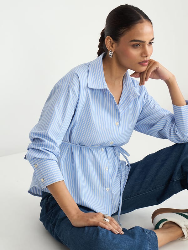 Blue Stripe Tie-Up Belt Shirt — Femmella
