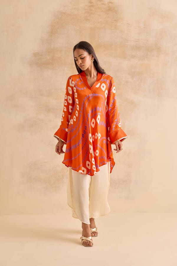 Orange Bandhej Print V-Neck Bell Sleeve Tunic — Shop Roho