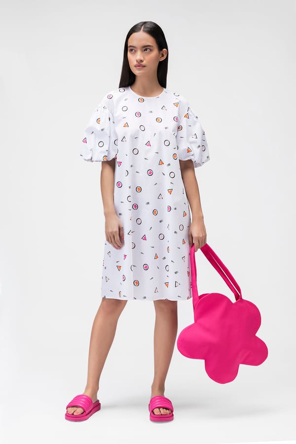 White Graphic Print A-Line Knee-Length Cotton Dress — Genes Lecoanet Hemant
