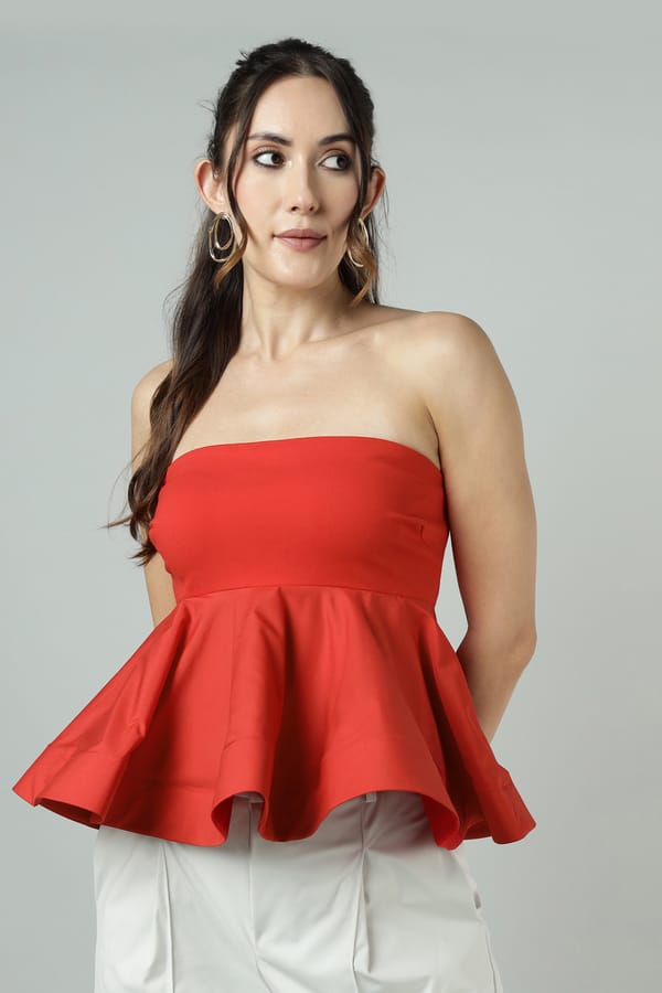 Red Bandeau Peplum Top with Ruffle Hem — KAREN MILLEN