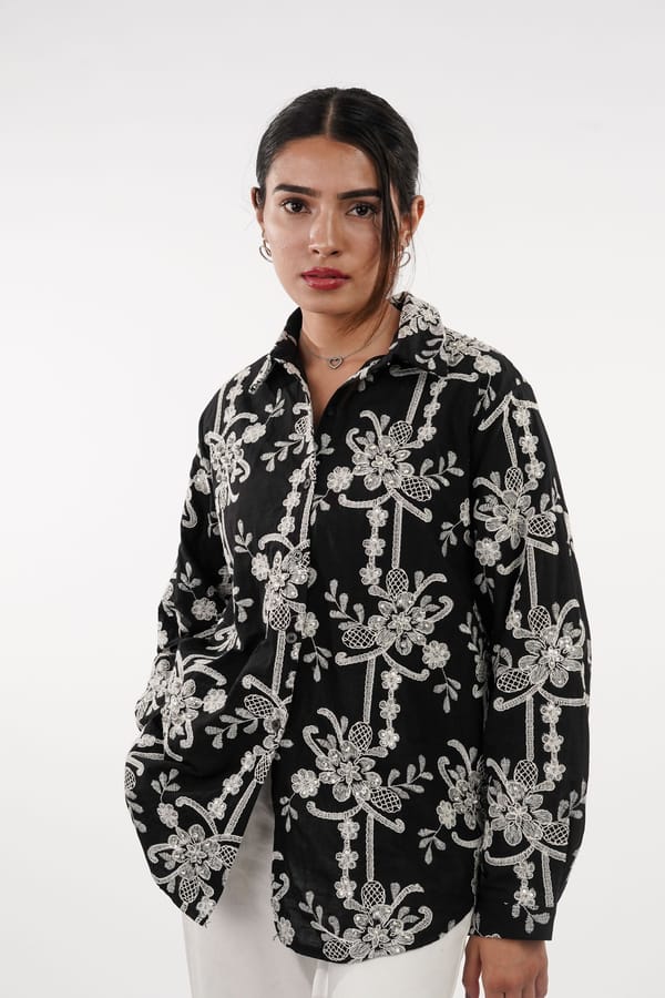 Black Embroidered and Embellished Button-Down Shirt — NO LABELS