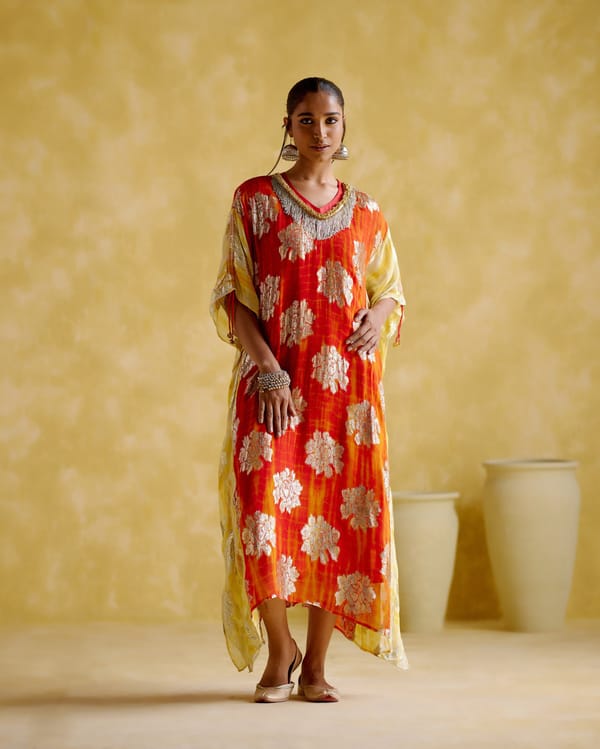 Shades Yellow Orange Printed V-Neck Kaftan with Gold Motifs — 5 Elements