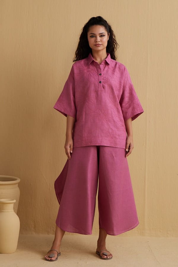 Beetroot Linen Oversized Collared Top with Tonal Embroidery — YELL