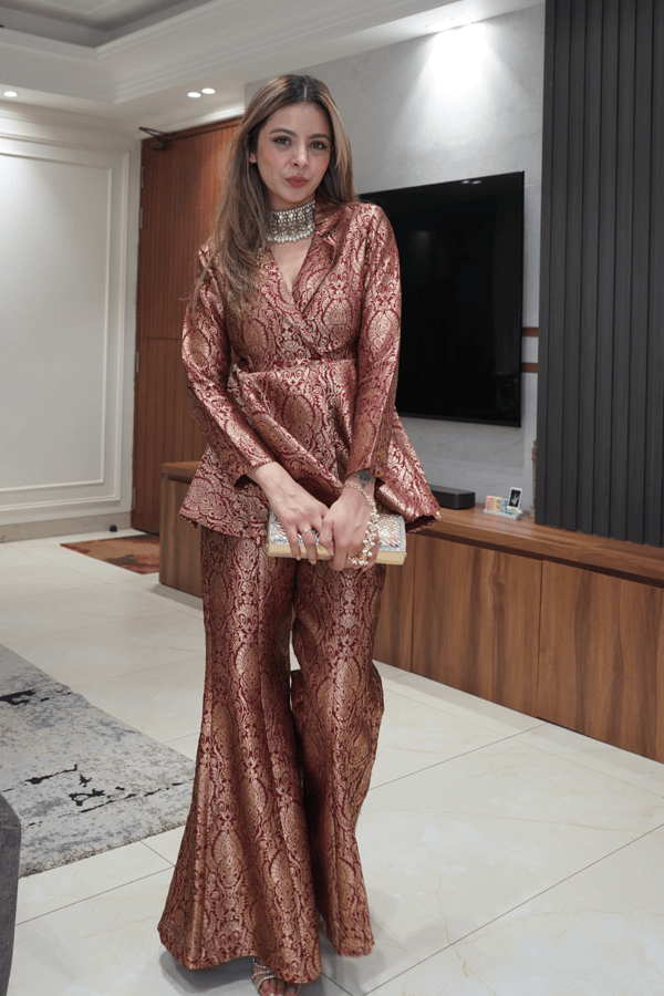 Maroon Brocade Peplum Top and Flared Pants Co-ord Set — Design By Queen Bee