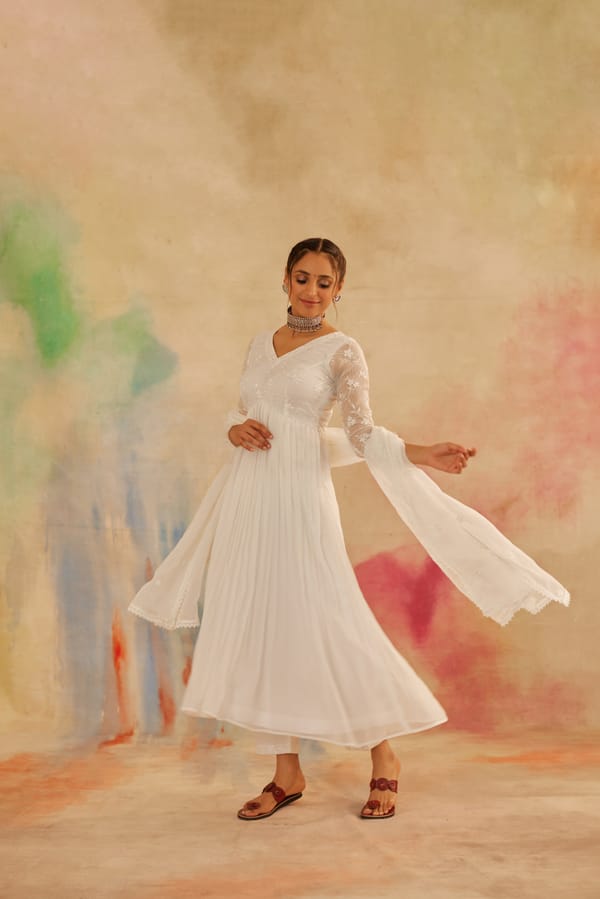 Ivory White Embroidered Organza Anarkali Suit Set — NARAYANI VASTRA