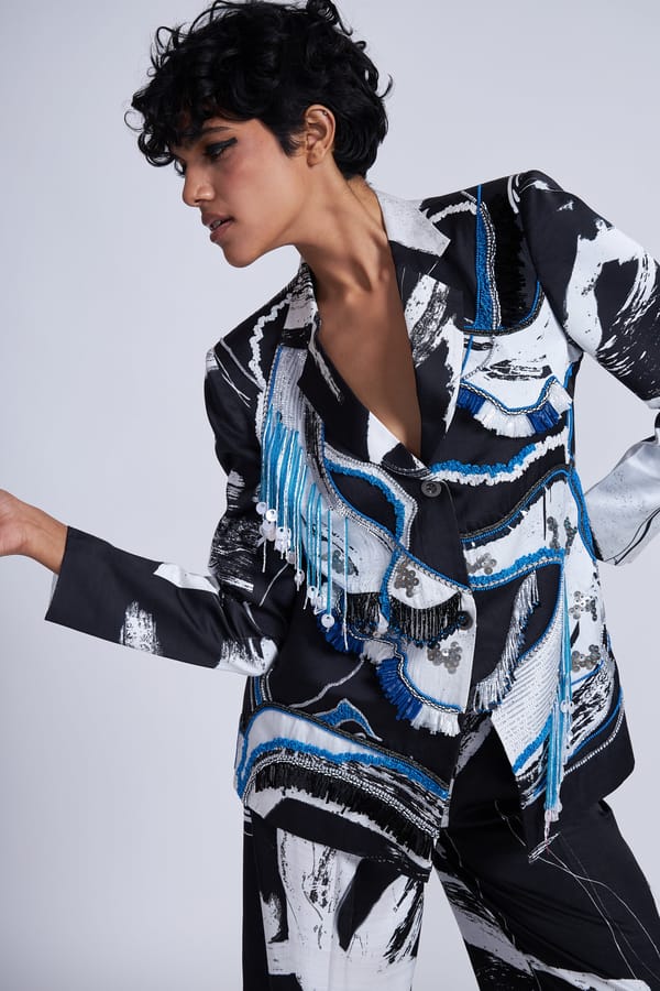 Abstract Embroidered Satin Blazer with Fringe Details — ADVAIT