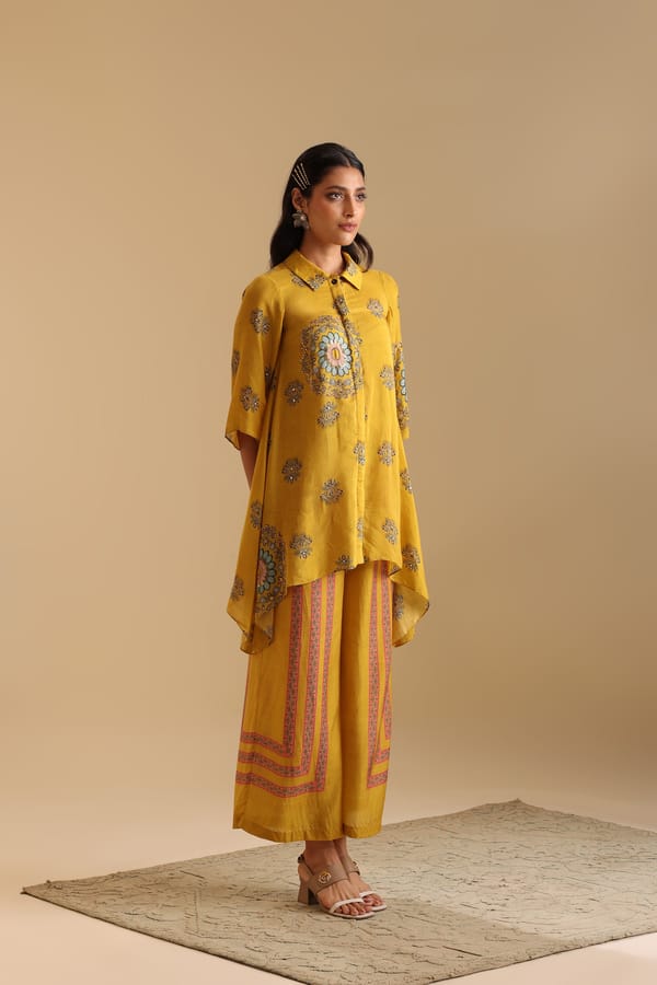Yellow Cotton Silk Printed Embellished Co-ord Set — SOUP by Sougat Paul