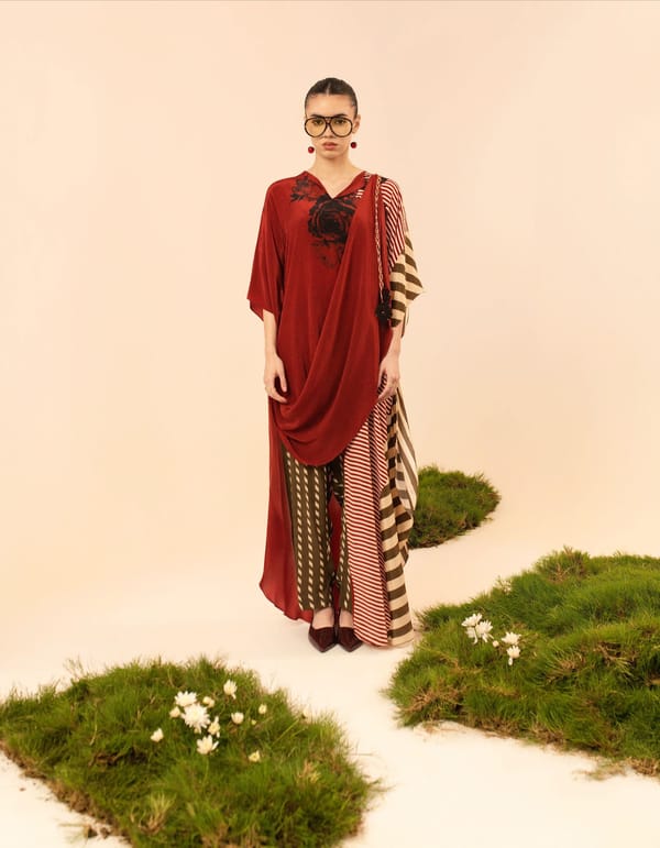 Red and Black Crepe Drape Kaftan Co-ord Set — ISHA GUPTA TAYAL