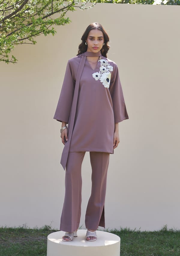 Mocha Mousse Embellished Tunic and Trouser Co-ord Set — AMOSHI