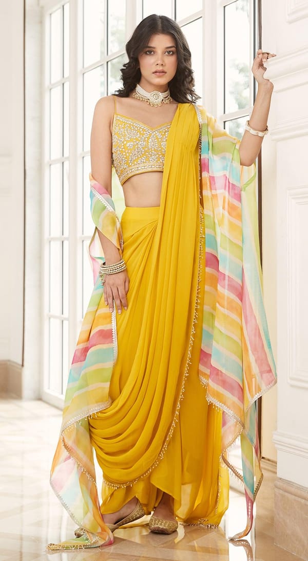 Yellow Pre-Draped Saree Set with Printed Cape — Basanti Kapde aur Koffee