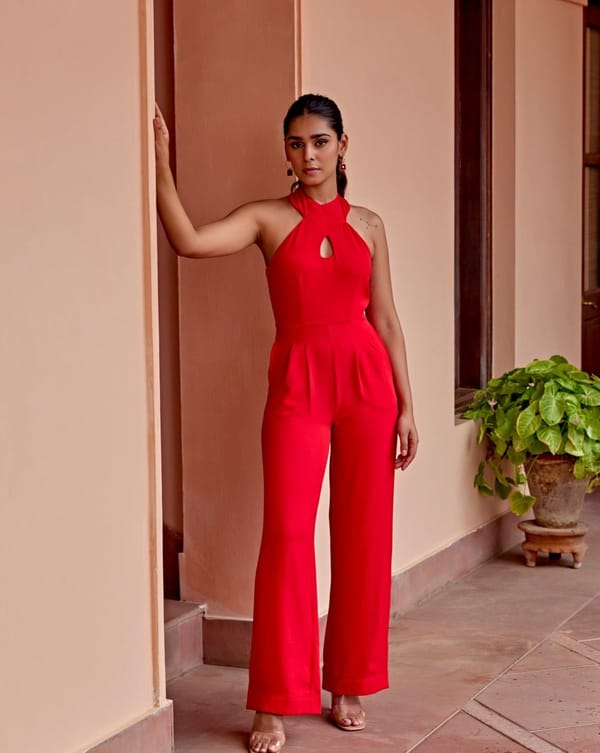 Red Halter Neck Wide-Leg Satin Jumpsuit — Style Island