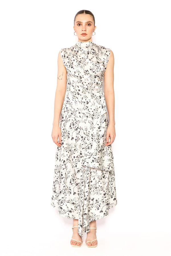 White Abstract Print High Neck Asymmetric Hem Top — Contemponari
