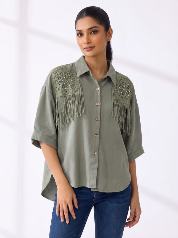 Green Boxy Shirt with Crochet Yoke and Fringe — ASPRIN FASHION