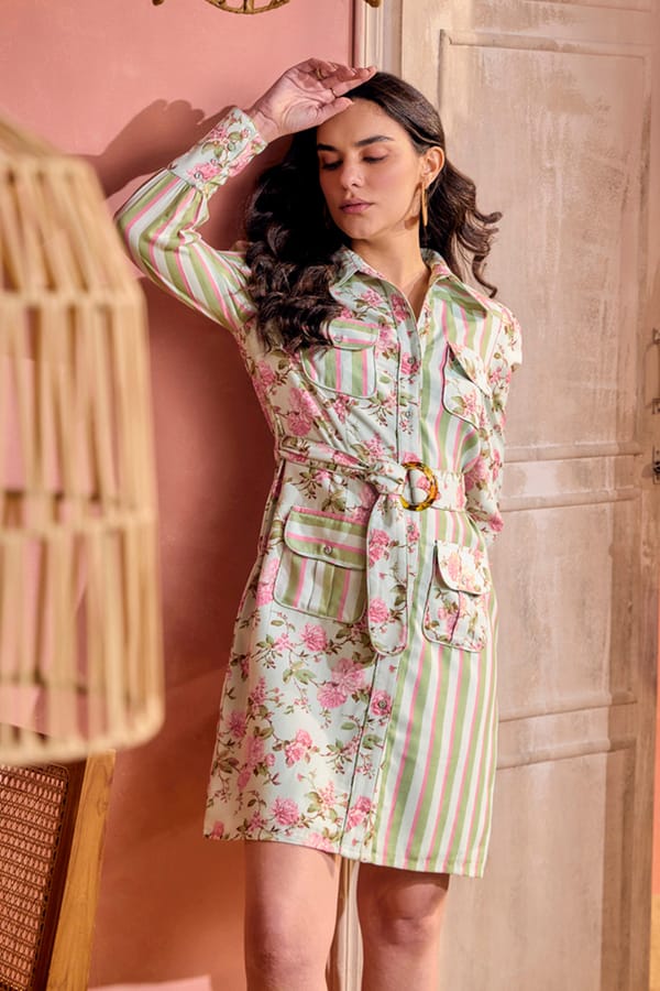Pastel Floral and Striped Belted Shirt Dress — BOHO-CHIC