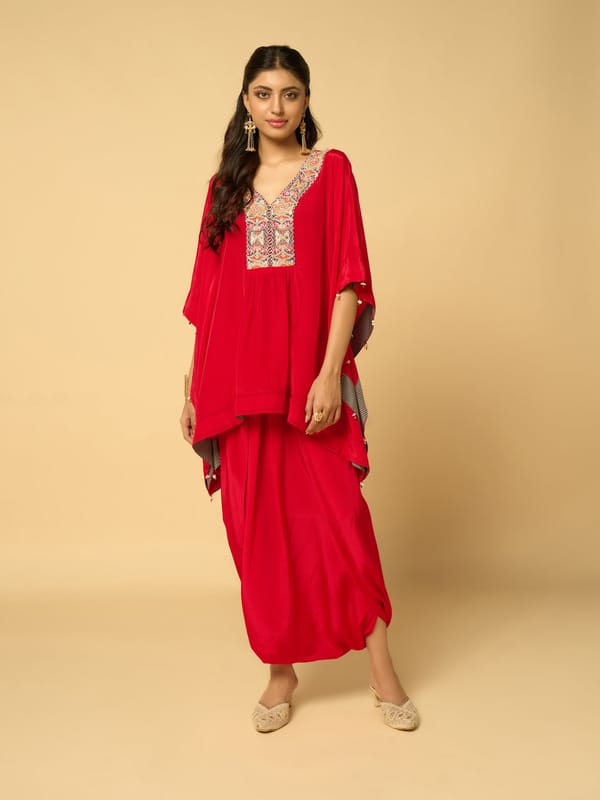 Red Kaftan Top and Harem Pants Co-ord Set — SAUNDH