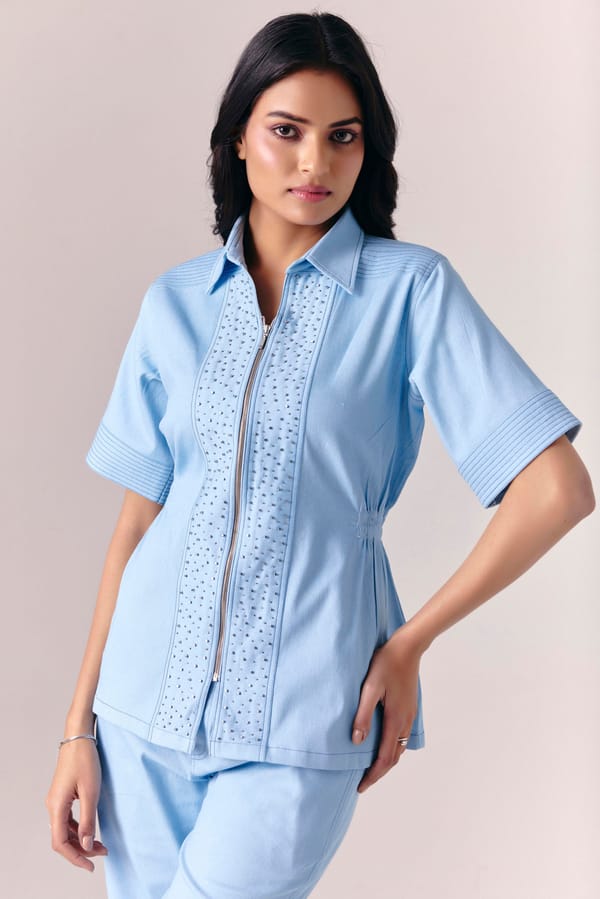 Light Blue Denim Zip-Front Shirt and Pants Co-ord Set — Savaaya