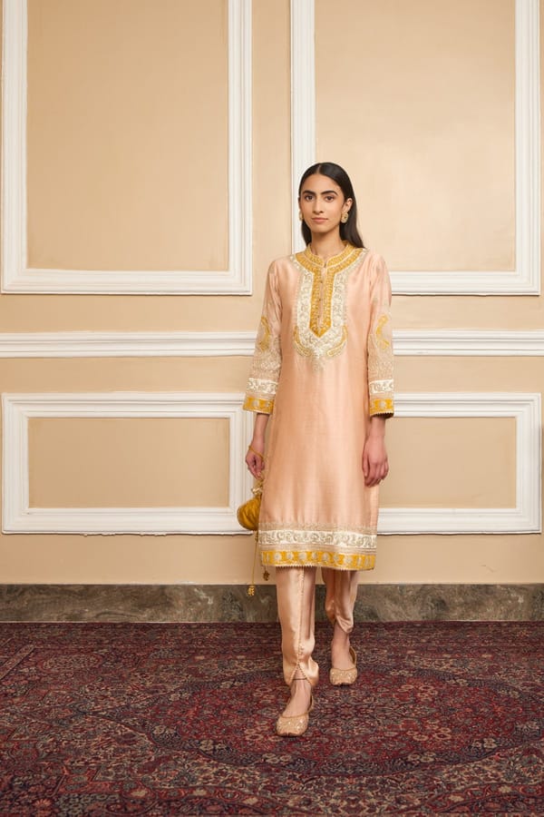 Rose Pink Embroidered Straight Kurta Set with Dhoti — Sheetal Batra