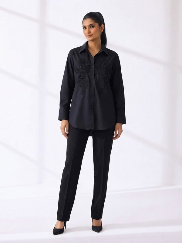 Black Tonal-Embellished Cotton Shirt — THE LUXURY DRESSING