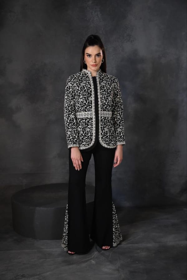 Black Embroidered Peplum Jacket & Pant Set — OMBRELLO