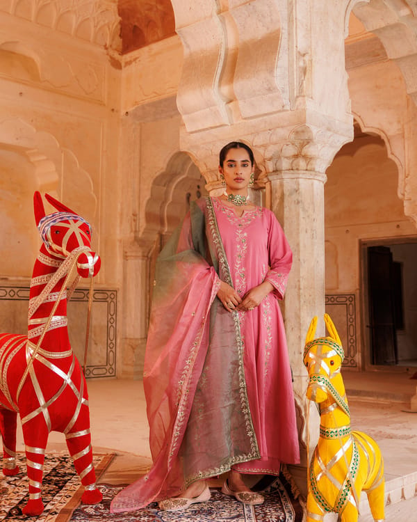 Onion Pink Cotton Anarkali Set With Dual-Shaded Dupatta — Bannhi by Priyanka Rathore