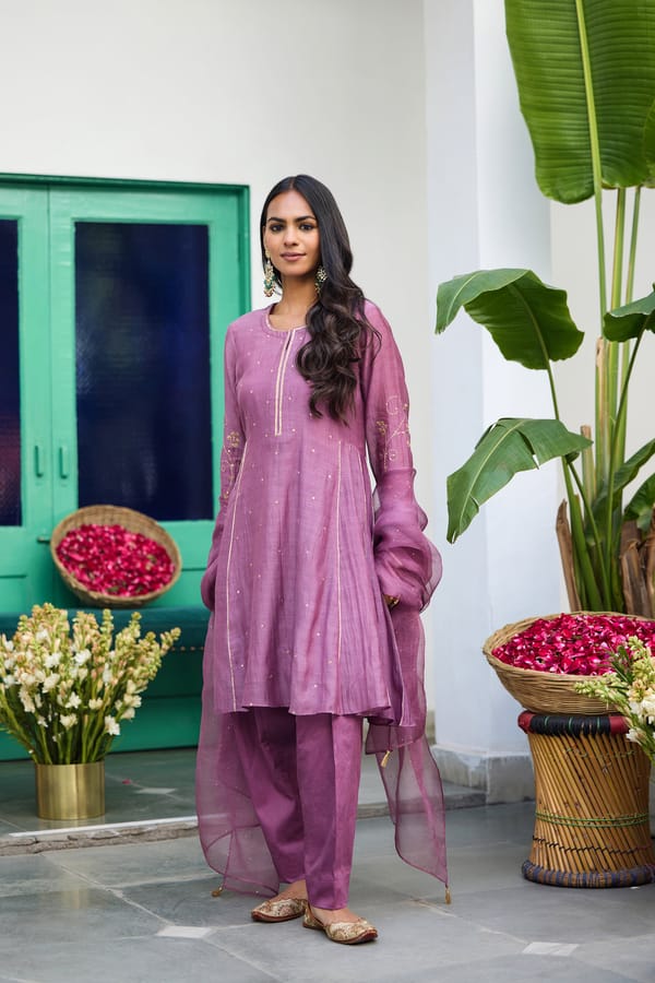 Lilac Silk Chanderi Embroidered A-Line Kurta Set — Trendy Tokari