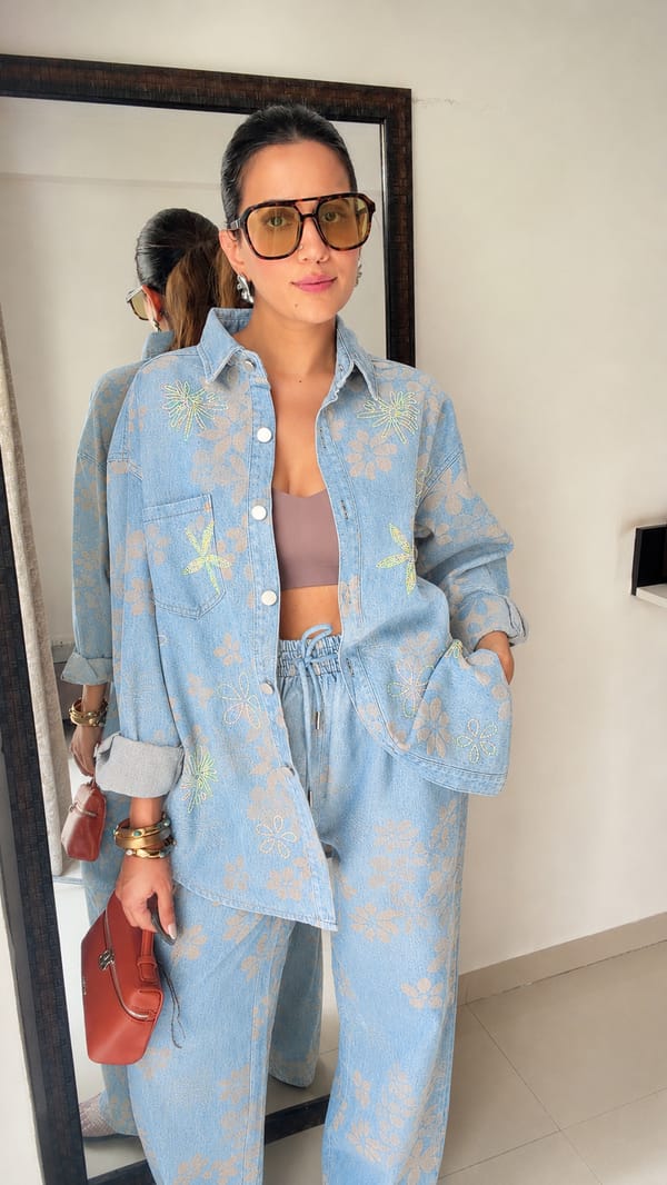 Denim Swarovski Studded Flower Co-ord Set — CLOSET AFFAIR