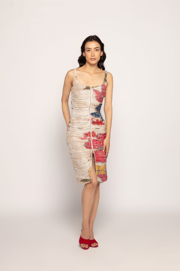 Ivory Printed Chiffon Bodycon Midi Dress with Front Zip — Saaksha and Kinni