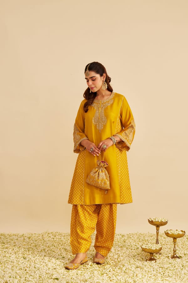 Mustard Upada Silk Embroidered Chauga Kurta Set — Sheetal Batra