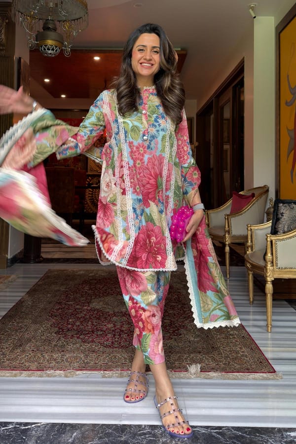 Multicolor Floral Cotton Lawn Suit Set With Lace Trim — Rainas
