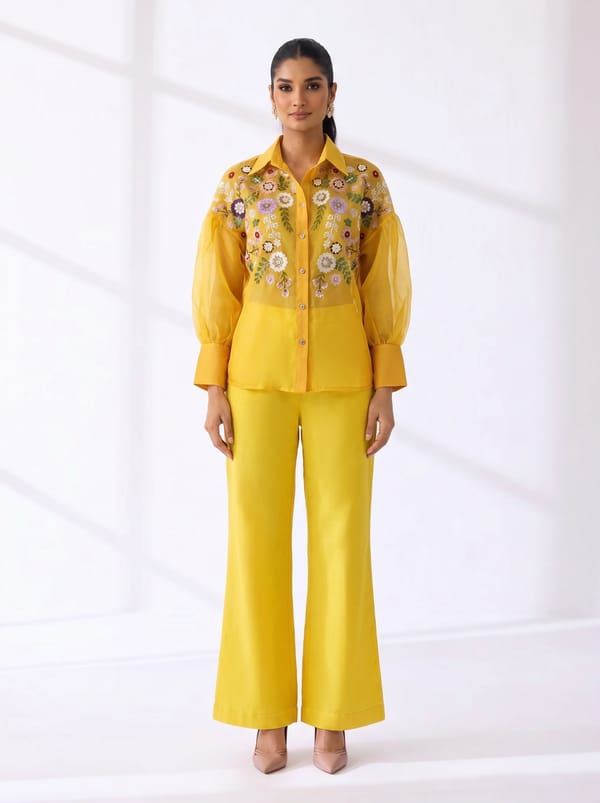 Sun Yellow Embroidered Shirt and Wide-Leg Pants Co-ord Set — RUCHIKA MALLIKA LABEL