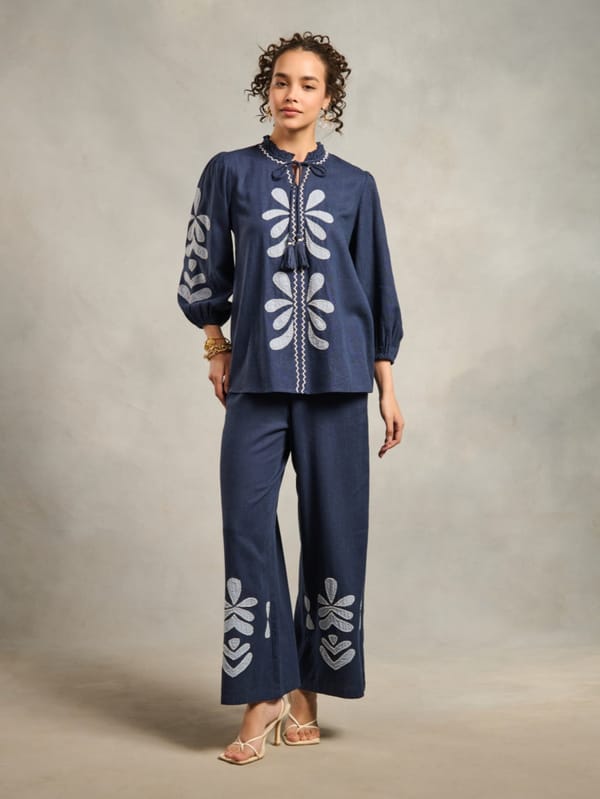 Blue Wide-Leg Applique Trousers with Elastic Waist — Style Island