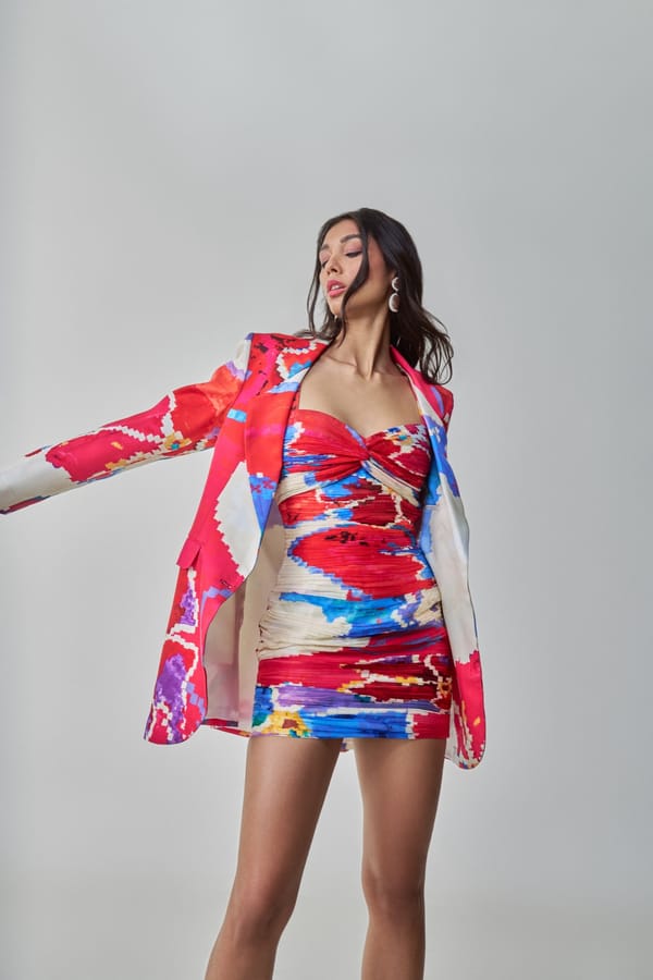 Pink/Red Ikat-Inspired Oversized Satin Blazer — Saaksha and Kinni