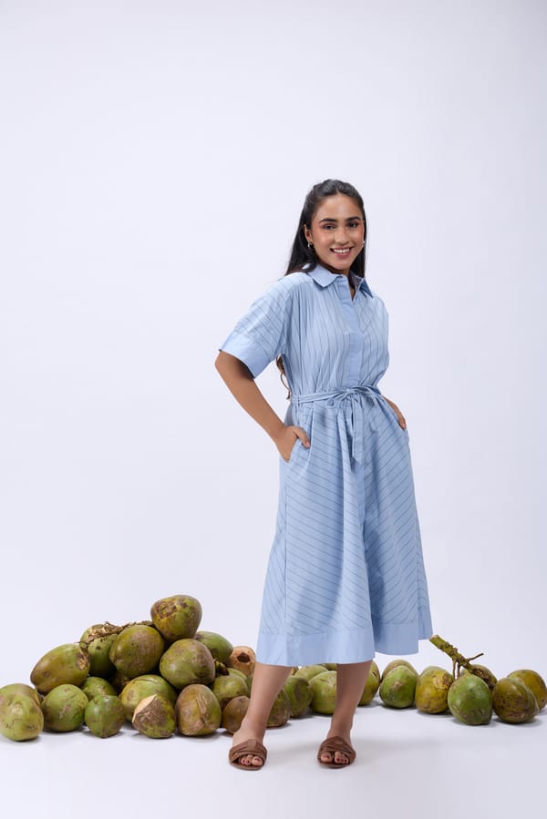 Blue Striped Cotton Poplin Midi Shirt Dress with Belt — Label Ruiaan