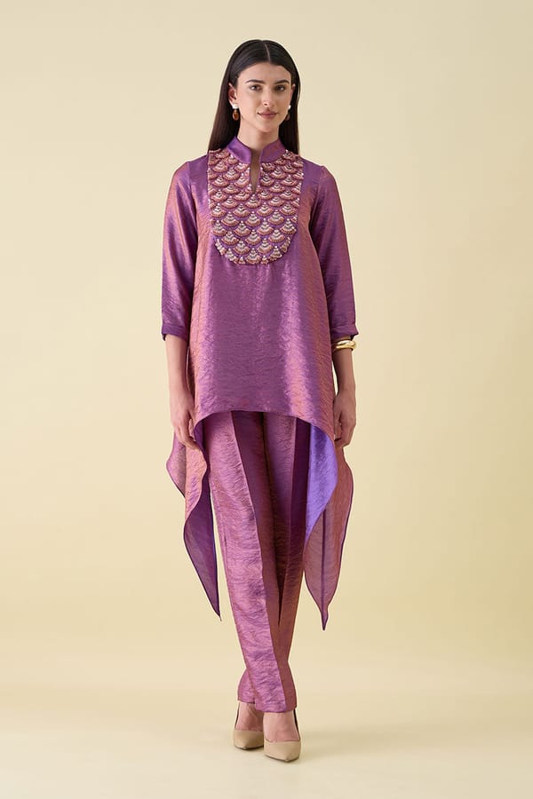 Purple Dual Silk Embellished Tunic Set — Aakaar