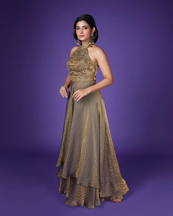 Metallic Shimmer Halter Top and Flared Sharara Co-ord Set — QUNIC