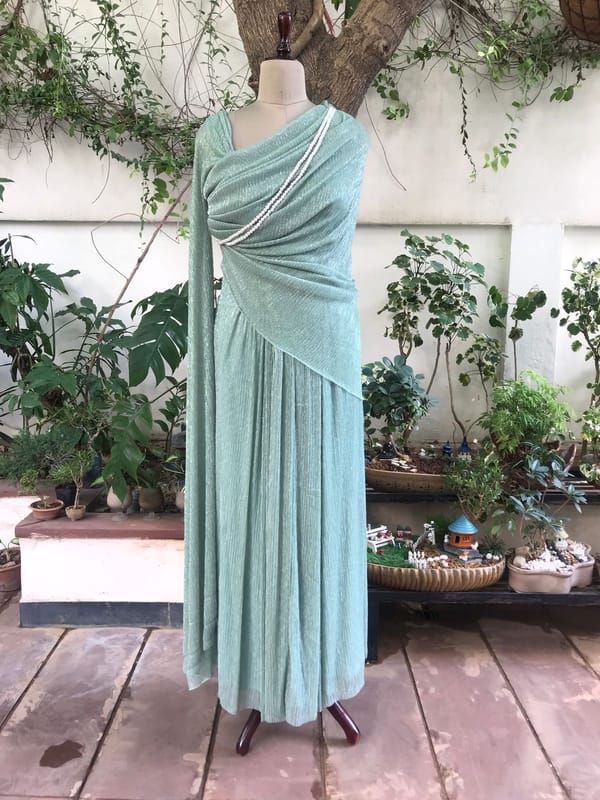 Mint Green Shimmer Saree-Draped Maxi Gown — The Grey Dot