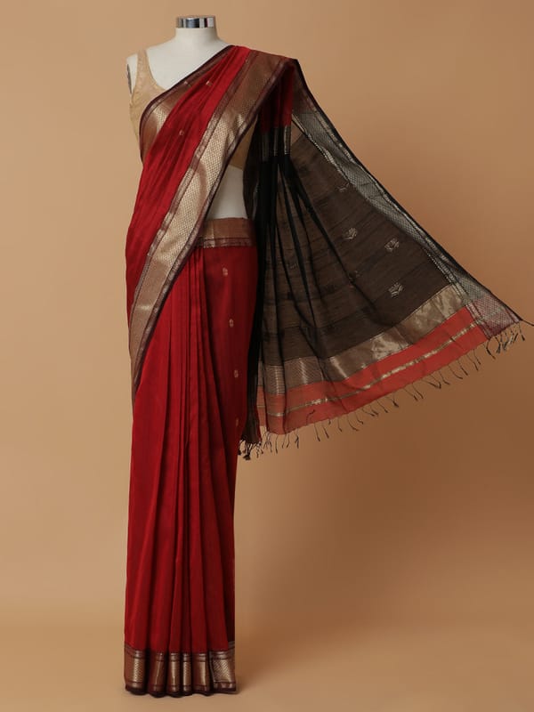 Maheshwari Cotton Silk Deep Red Woven Lotus Butta — BINKS