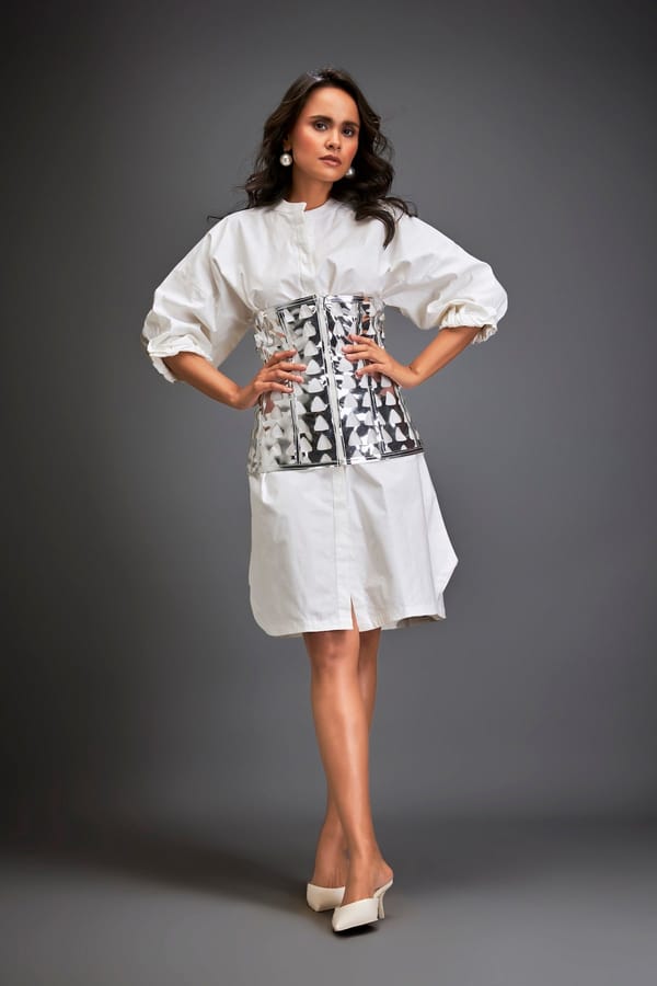 Shirtdress With Metallic Corset And Geometric Cutout Detailing — Deepika Arora