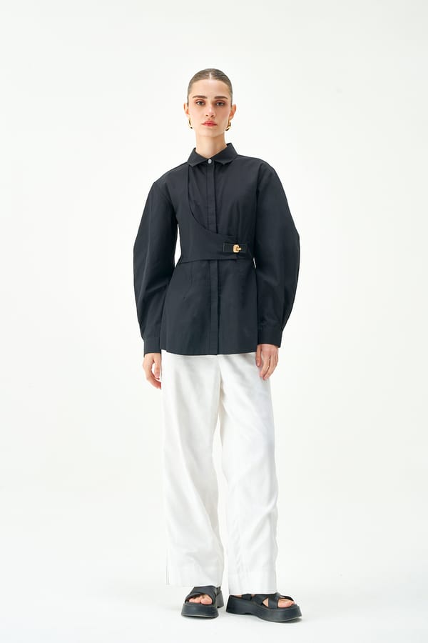 Black Cotton Poplin Belted Longline Shirt — NOTEBOOK